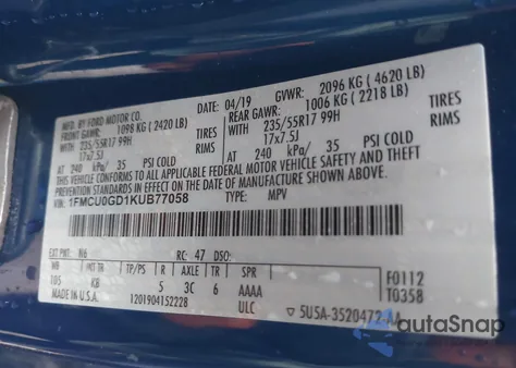 2019 Ford Escape Se from USA, damaged, VIN 1FMCU0GD1KUB77058